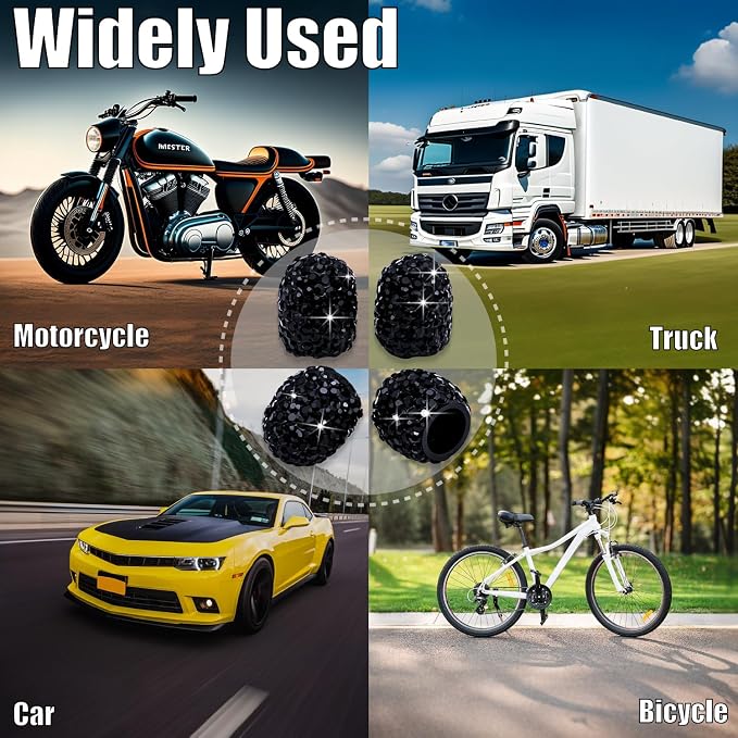 4PCS Bling Crystal Diamond Tire Stem Valve Caps, Dustproof Car Wheel Tire Valve Caps Universal Tire Valve Stem Covers for Cars, SUV, Trucks, Bikes, Motorcycles, Bicycles (Black)