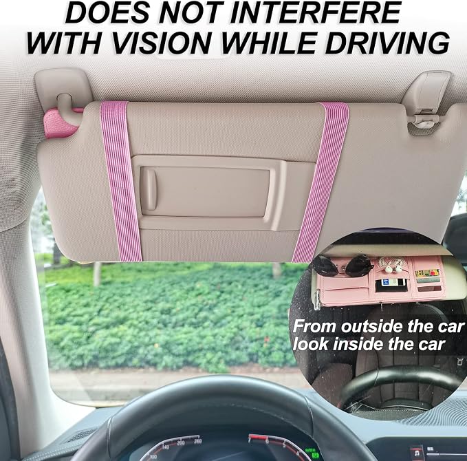 Car Sun Visor Organizer, Truck Visor Organizer Car Sun Storage Pocket Pouch Case Bag for Sunglasses, Cards, Pens and Document - Pink