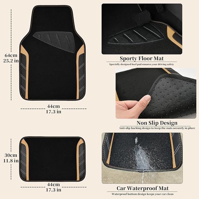 Microfiber Steering Wheel Cover and Waterproof Car Floor Mats,Leather Universal Car Combo Fit for 95% Truck,SUV,Cars,14.5-15inch Sporty Anti-Slip Safety Comfortable Design(Black and Beige)