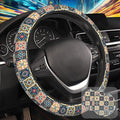 Ethnic Moroccan Floral Flower Steering Wheel Cover with 2 Pcs Car Coasters Neoprene Steering Wheel Cover for Women Men Anti-Slip Breathable Car Accessories Universal 15 Inch Fit Auto Cars Trucks