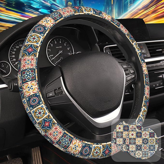 Ethnic Moroccan Floral Flower Steering Wheel Cover with 2 Pcs Car Coasters Neoprene Steering Wheel Cover for Women Men Anti-Slip Breathable Car Accessories Universal 15 Inch Fit Auto Cars Trucks