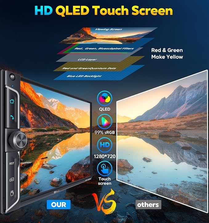 7" Wireless Double Din Car Stereo Apple Car Play Radio Carplay Android Auto QLED Touch Screen, Bluetooth 5.3 Audio Receivers, 1080P Backup Camera, 4.2 Channel Outputs 240W, 2 Subwoofer, FM/AM, SWC