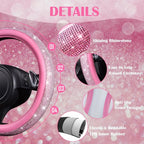 11 PCS Bling Car Accessories Set for Women, Sparkly Rhinestone Diamond Steering Wheel Cover, Bling Seat Belt Cushion, Shift Knob Cover, Push Start Button Ring, Car Cup Holder Coaster, Pink