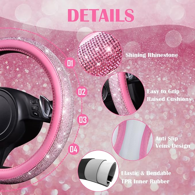 11 PCS Bling Car Accessories Set for Women, Sparkly Rhinestone Diamond Steering Wheel Cover, Bling Seat Belt Cushion, Shift Knob Cover, Push Start Button Ring, Car Cup Holder Coaster, Pink