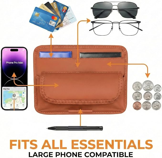 Car Visor Organizer – Sun Visor Storage Pouch Holder for Vehicle Truck SUV, PU Leather Auto Interior Accessories for Registration Document, Gas Card & Sunglasses, Universal Fit (Oranger) | Keeps Registration, Cards & Sunglasses Neatly Within Reach