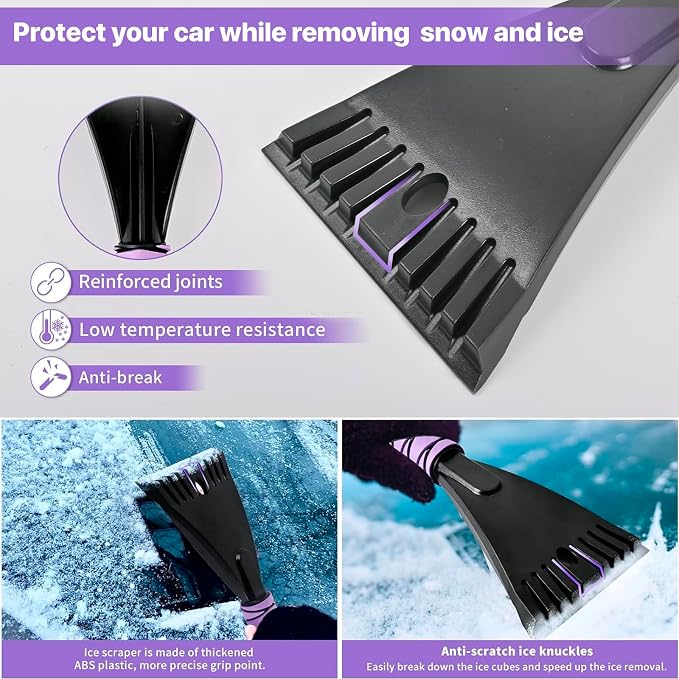2 Pack 27" Snow Brush and Ice Scraper for Car Windshield - Purple | Soft Non-Scratch Bristles, Non-Slip Foam Grip, Detachable Design, Car Snow Removal Tool for Windshields & Windows