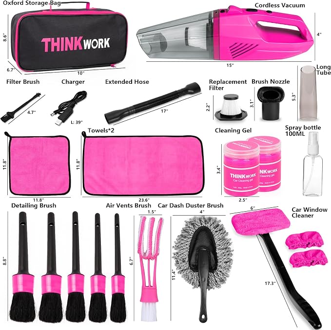 Car Detailing Kit Interior Cleaner, Car Cleaning Kit with 8000PA Cordless Pink Handheld Vacuum Cleaner, Car Interior Detailing Brush Set, Pink Car Accessories, Gift for Women