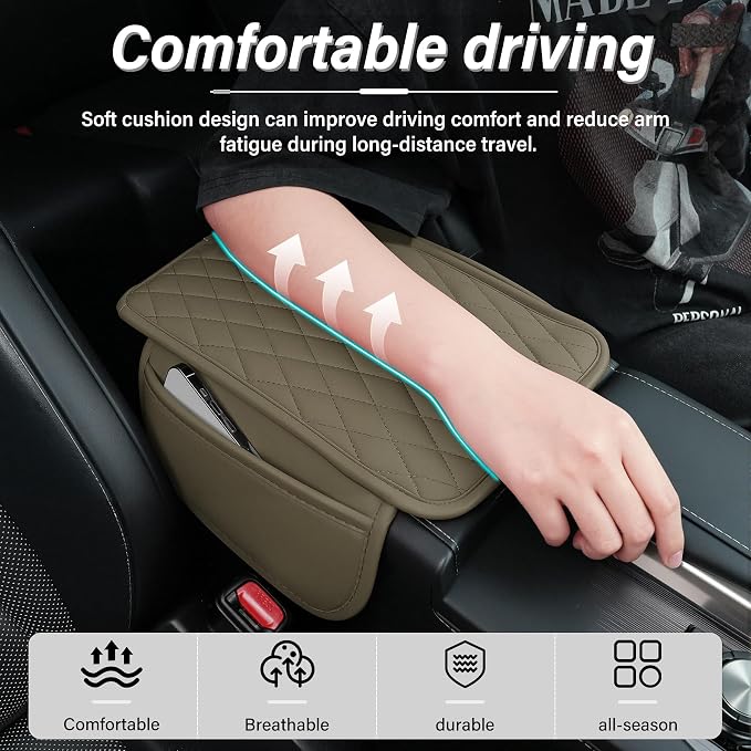 Car Center Console Cover, Upgraded Leather Car Armrest Cushion with 2 Storage Pockets, Universal Waterproof Cushion Pad, Non-Slip Car Interior Accessories, Fits Most Sedans SUVs Trucks (Beige)