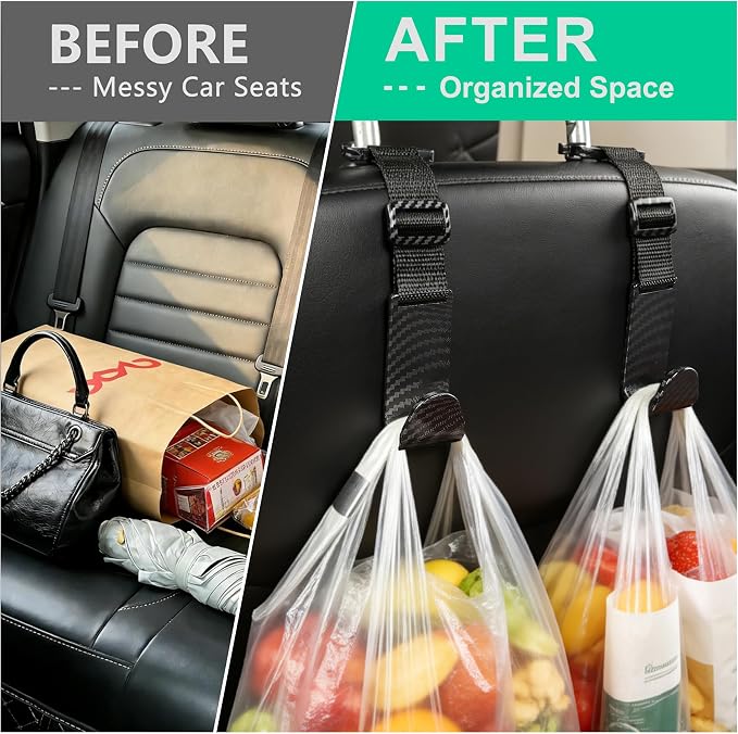 Headrest Hooks for Car Adjustable 4 Pack Vehicle Seat Back Organizer Storage Hanger Holder for Purse Bags Universal Fit with Clip Black Carbon Fiber