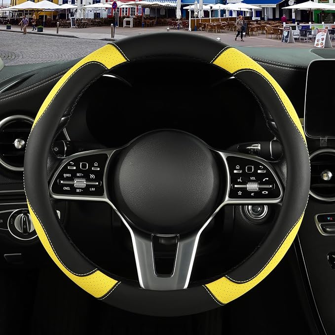 Black Yellow Microfiber Leather Steering Wheel Cover 14 inch | Breathable Anti Slip Grip Cool Sporty Look Glow for Women Men