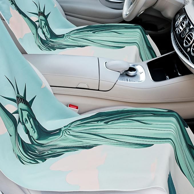 2 Pack Car Seat Towel Covers with Storage Bag, 63 x 32 Inch Universal Non Slip Waterproof Sweat Protector for Car Truck, Gym Swimming Running, Machine Washable (Statue of Liberty)