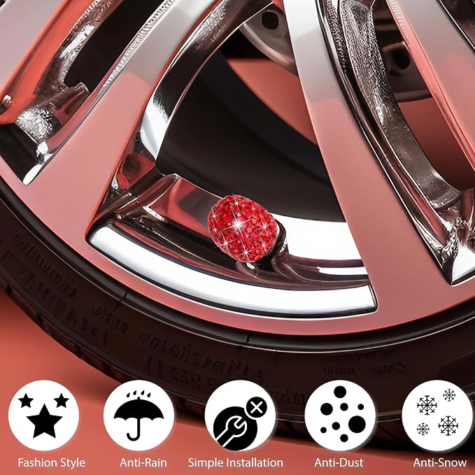 8PCS Bling Crystal Diamond Tire Stem Valve Caps, Dustproof Car Wheel Tire Valve Caps Universal Tire Valve Stem Covers for Cars, SUV, Trucks, Bikes, Motorcycles, Bicycles (Red)