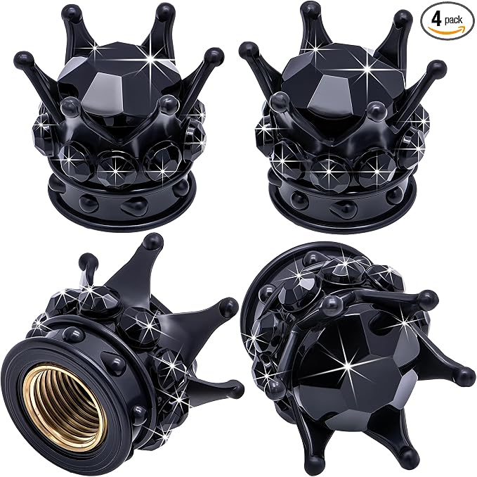 4PCS Crown Bling Tire Stem Valve Caps, Crystal Diamond Car Wheel Tire Valve Caps Universal Copper Core Stem Covers for Cars, SUV, Trucks, Bikes, Motorcycles, Bicycles (Black)