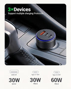USB C Car Charger,90W 3-Port Dual USB-C & USB-A Car Power Adapter,Includes a Fast Charging Cable for iPhone 16/15/14/13/12/11/Pro Max, iPad, Samsung Galaxy, Google Pixel and Android Devices