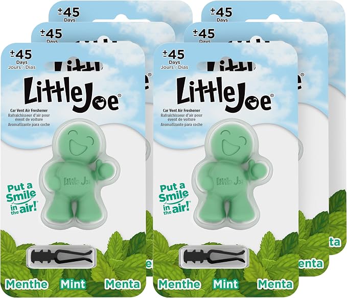 Little Joe 96406-6PK Fresh Mint Scent Car Air Freshener Vent Clip, Fights Odors for up to 45 Days, Long-Lasting Freshness, Cute Car Odor Eliminator, Pack of 6