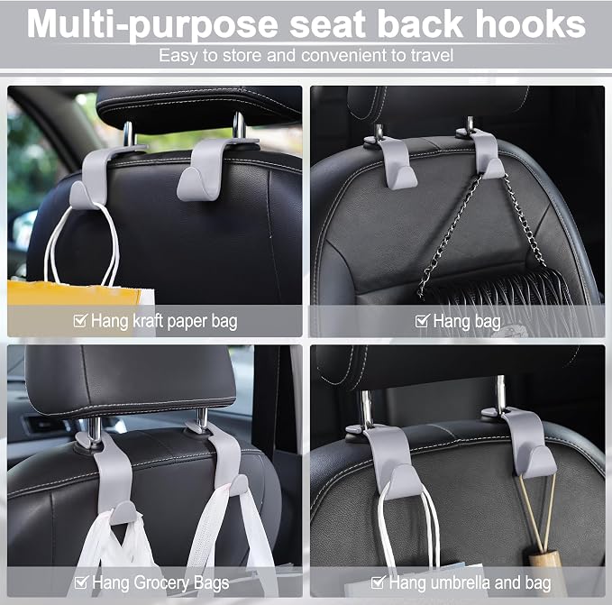 Car Seat Headrest Hook, Car Headrest Hidden Hook, 4 Pack Universal Auto Car Back Seat Hook Organizer for Purse Coat, Car Interior Accessories (Gray)