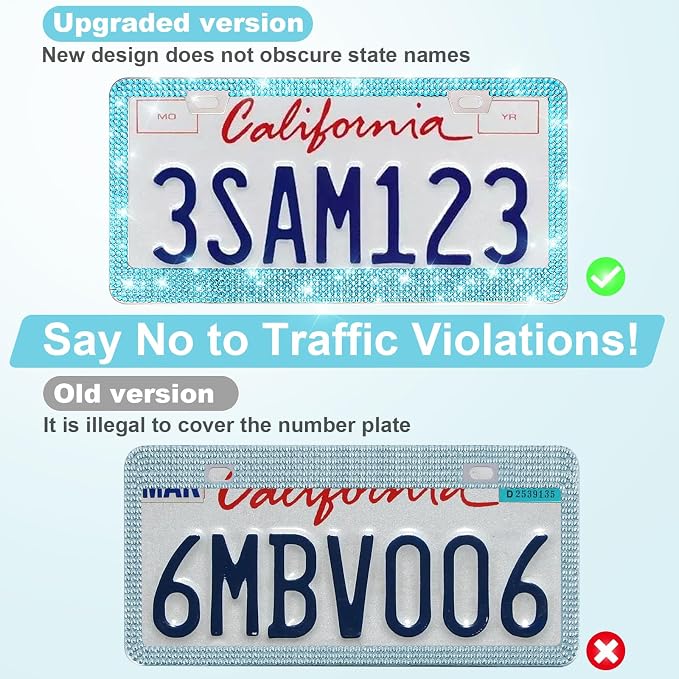 2 Pack Bling License Plate Frames for Women, Sparkly Rhinestone Diamond Car Accessories with Glitter Crystal Caps (Lake Blue)
