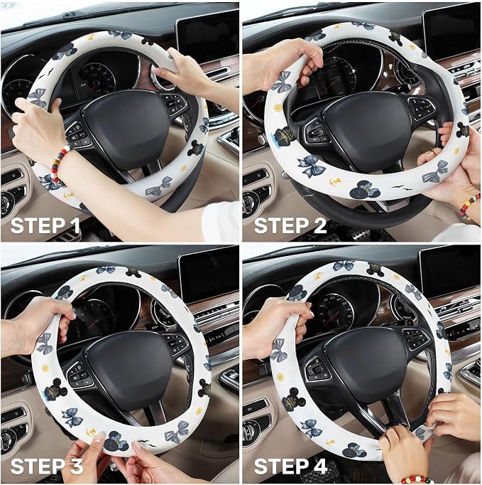 Blue Bow Mouse Silhouette Steering Wheel Cover, Non-Slip Polyester Wheel Grip, Universal 15 Inch Car Accessory