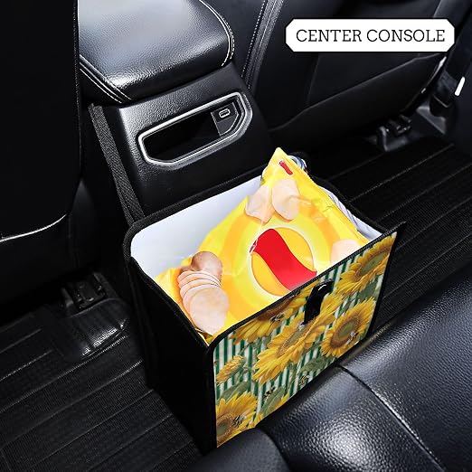 Car Trash Can Organizer Bin with Adjustable Strap for Back Front Seat Console Waterproof Leakproof Collapsible Portable 11 Inch Green Striped Sunflowers and Honey Bees