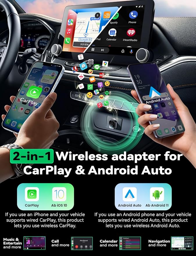 Wireless Carplay & Android Auto Adapter, Metal Design Mini & Stable 2-in-1 Dongle, Convert Vehicle's Wired CarPlay/Android Auto to Wireless, for iOS 10+/Android 11+ & Cars from 2016