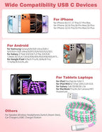 USB A to USB C Cable 6FT,Beaded Phone Charger Cord for iPhone 17 16 Pro Max 17e 15 Carplay,Cute TypeC Car Charger Charging Cord for iPad Pro 10 11/Samsung S26 S25 S24/Android Girl Women,PinkGreen Star