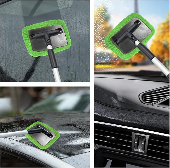 Car Windshield Cleaner Tool, Detachable Car Window Cleaner with Aluminum Extendable Handle & 2 Reusable Cloth Pads, Washable Vehicle Windshield Cleaning Wand for Exterior (Green)