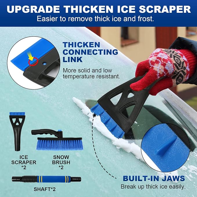 2Pack Ice Scrapers for Car Windshield, 2-in-1 Snow Scraper and Snow Brush for Car SUV Truck, Car Ice Windshield Scraper for Ice and Snow with 360° Pivoting Brush and Ergonomic Foam Grip Blue