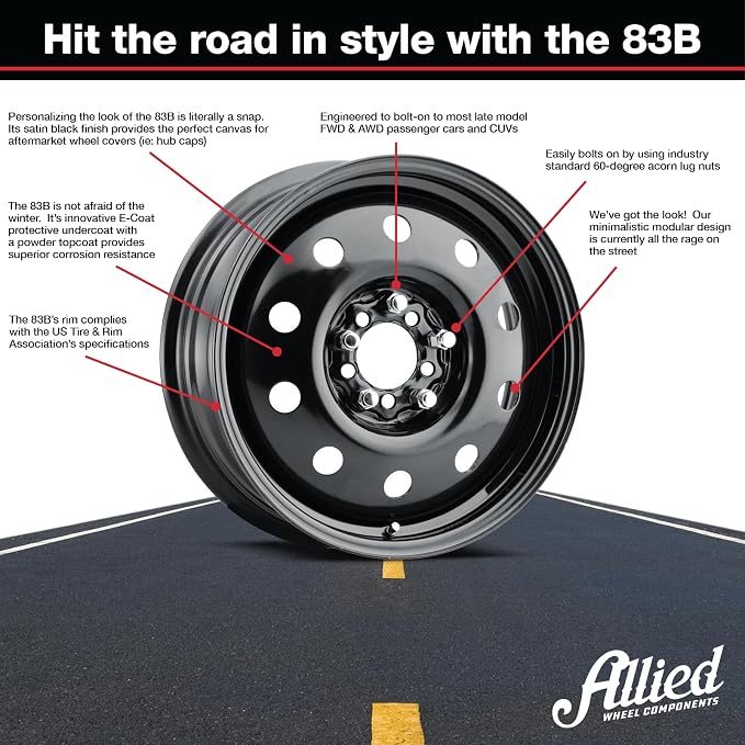 Allied 83B FWD Black Mod 14X5.5" 5X100 & 5X115 Bolt Patterns +38mm Offset 4.75" BS Satin Black Steel Passenger Car Wheel, Bolt-on OE Replacement, Car Mods, FWD, AWD, SUV and CUV Steel Wheel