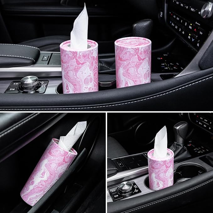 Car Tissue Holder, 4 Pack Car Cup Holder Facial Tissues with Travel Tissue Bag, Quick and Convenient Flower Combination Car Tissue Box(4 Canisters/200 Tissues) Pink