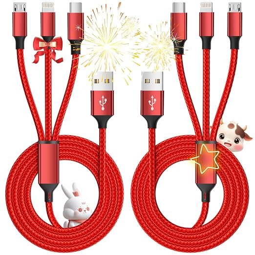 Multi Charging Cable, (2 Pack 4FT) Multi USB Charger Cable 3 in 1 Charging Nylon Braided Multi Charging Cord with Type-C, Micro USB, IP Port for Most Phones/iPhones/Tablets, Red