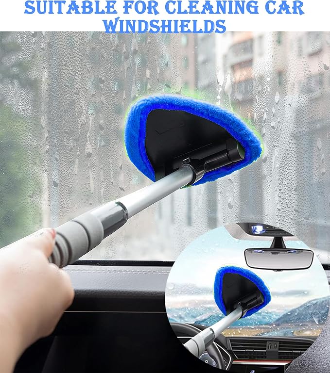 Car Windshield Cleaner Tool with Reusable Microfiber Pads Extendable Handle(1, Blue)