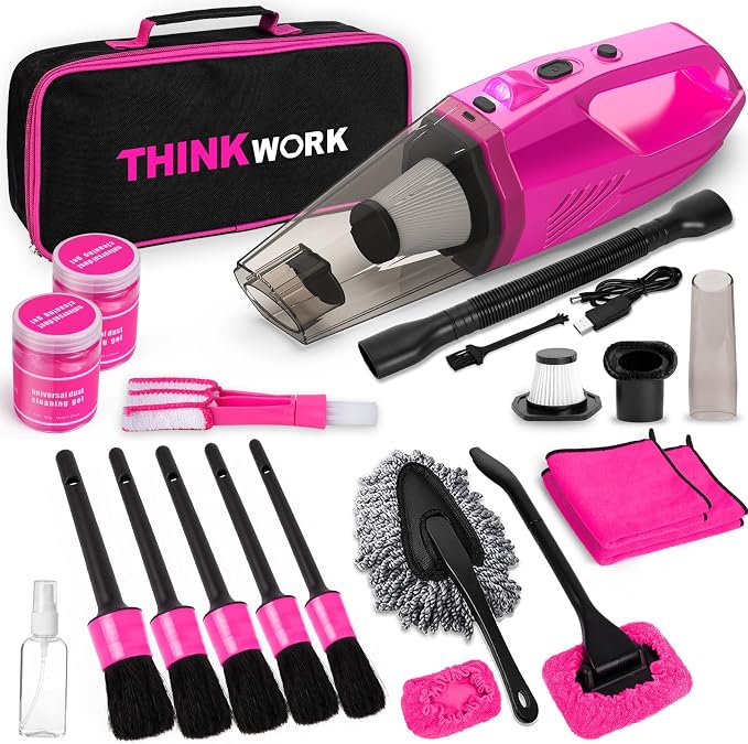 Car Detailing Kit Interior Cleaner, Car Cleaning Kit with 8000PA Cordless Pink Handheld Vacuum Cleaner, Car Interior Detailing Brush Set, Pink Car Accessories, Gift for Women