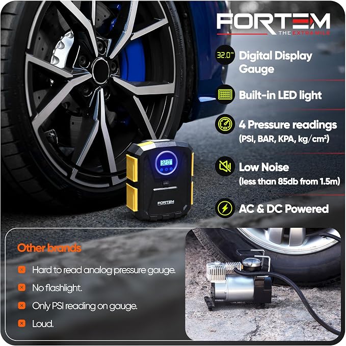 Tire Inflator Portable Air Compressor, Air Pump for Car Tires and Bikes, Car Tire Pump w/Auto Shut Off, 150 PSI, 110V AC 12V DC, LED Light, Carrying Case, Perfect For Men, Women