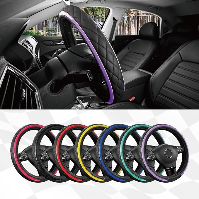 Leather Steering Wheel Cover – Black & Purple, Universal Fit 14.5-15 Inch, Microfiber Leather, Anti-Slip & Breathable Design for Men and Women
