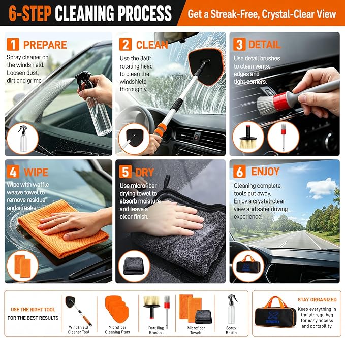 XINDELL Windshield Cleaner Tool, Extendable Car Window Cleaning Kit with 360° Rotating Head, Interior Exterior Glass Cleaner for Cars Trucks SUVs, 10PCS with 3 Pads, Towels, Brushes & Bag | 360° Head, Extendable Handle, 3 Pads, 2 Brushes, 3 Towels, Spr...