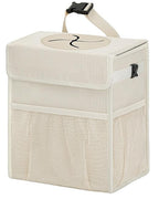 Corduroy Car Trash Can with Lid and Mesh Pockets - Leakproof Organizer,Multipurpose Waterproof Garbage Can/Trash Bin for Car(Off-White-2 Gallons)