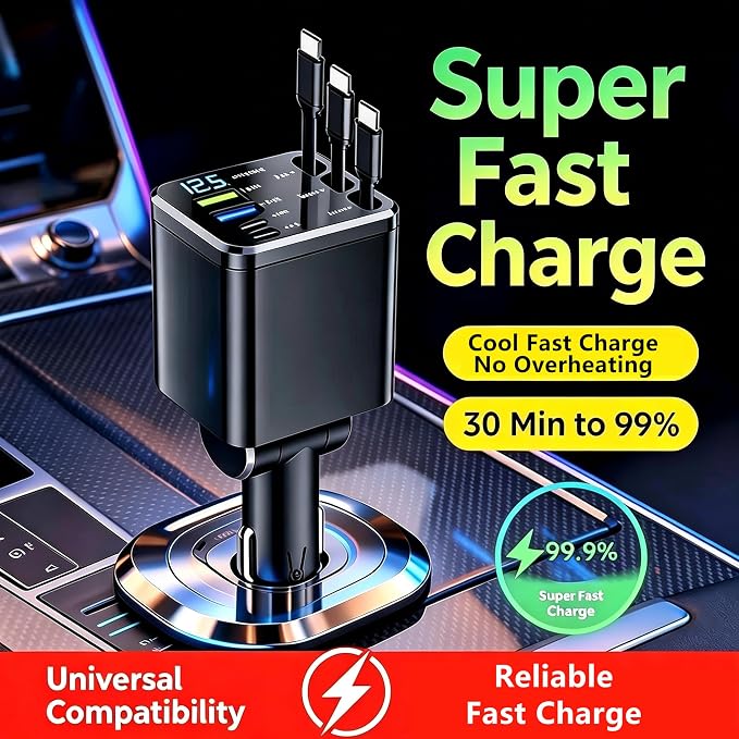 7 in 1 Retractable Car Charger,102W Car Charger Fast Charging Adapter | Car Charger USB C,Car Accessories,Voltage Smart Display,3 Retractable Type-C Cables for iPhone 17 Pro/16/15,Galaxy S26,Pixel