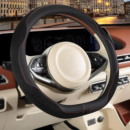 14 inch D Shaped Steering Wheel Cover for Prius Civic, Nappa Microfiber Leather Non-Slip Breathable Fabric, Warm in Winter and Cool in Summer, Black Small 13.5 inch to 14 inch