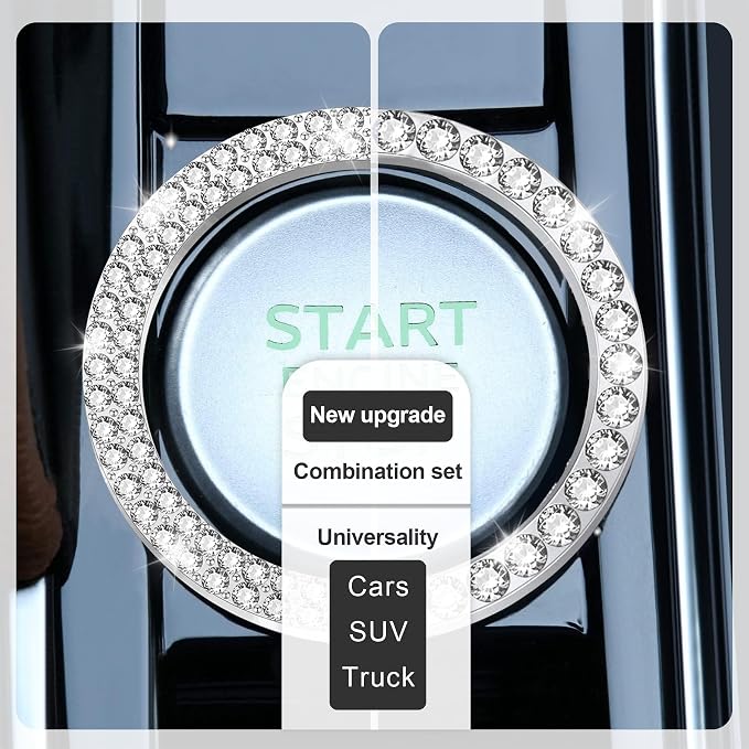 2 PCS Crystal Combinatorial Rhinestone Engine Start Decoration Ring, Push to Start Button Cover, White