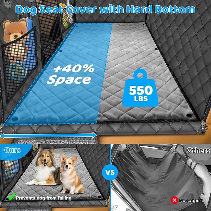 2026 Upgraded Back Seat Extender for Dogs - Large Hard Bottom Dog Car Seat Cover Holds 550lbs, Waterproof Dog Hammock Pet Bed with High-Density Foam Non-Slip Backseat Protector