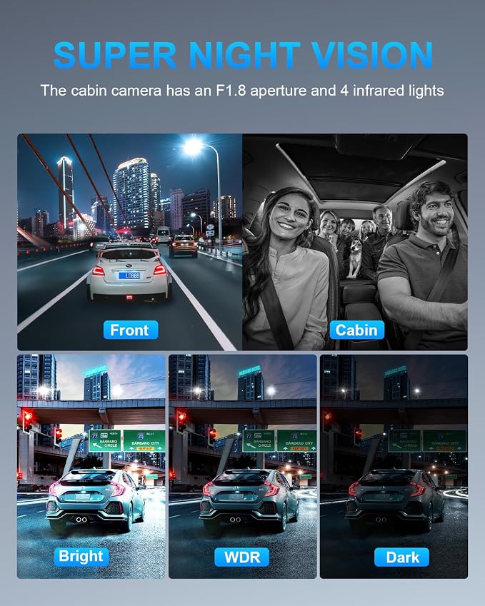 360° 4 Channel Dash Cam Front and Rear Inside Left Right, Dash Camera for Cars, Built-in GPS WiFi Night Vision, 24/7 Recording Parking Mode Monitor, 128G Card Included