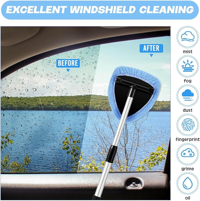 10 Pcs Windshield Cleaner Tool Car Window Cleaning Supplies with Extendable Handle Include 6 Washable Microfiber Bonnets 2 Empty 60ml Spray Bottle Glass Wiper Kit(Light Blue)