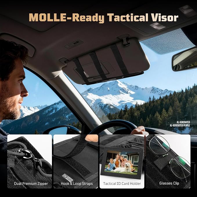 Tactical MOLLE Sun Visor Organizer - Multi Pockets Car Visor Panel with Zipper Pouch, Detachable Photo/Info Panel & Glasses Clip for EDC Gear