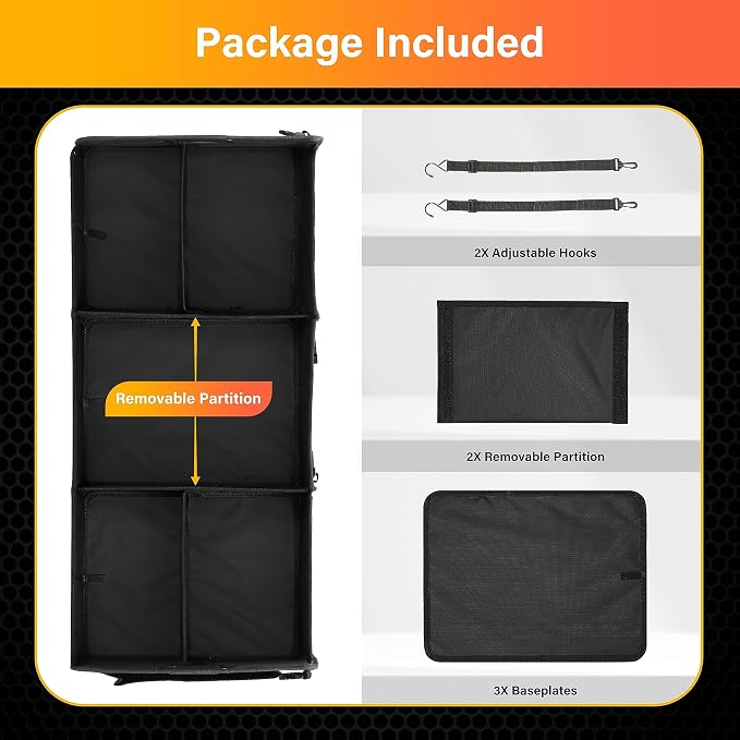 Multi Compartments Collapsible Car Trunk Organizer, 600D Waterproof Oxford Polyester 50L Car Storage with Adjustable Strap & Anti-slip Bottom, for SUV, Truck, Black New