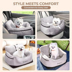 BurgeonNest Dog Car Seat for Small Dogs, Detachable and Washable Cat Carseats Under 25 lbs, Soft Pet Booster Seats with Storage Pockets and Clip-On Leash Portable Car Travel Carrier Bed, Black Grey