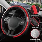 Leather Steering Wheel Cover – Black & Red Universal Fit 14.5-15 Inch, Microfiber Leather, Anti-Slip & Breathable Design for Men and Women