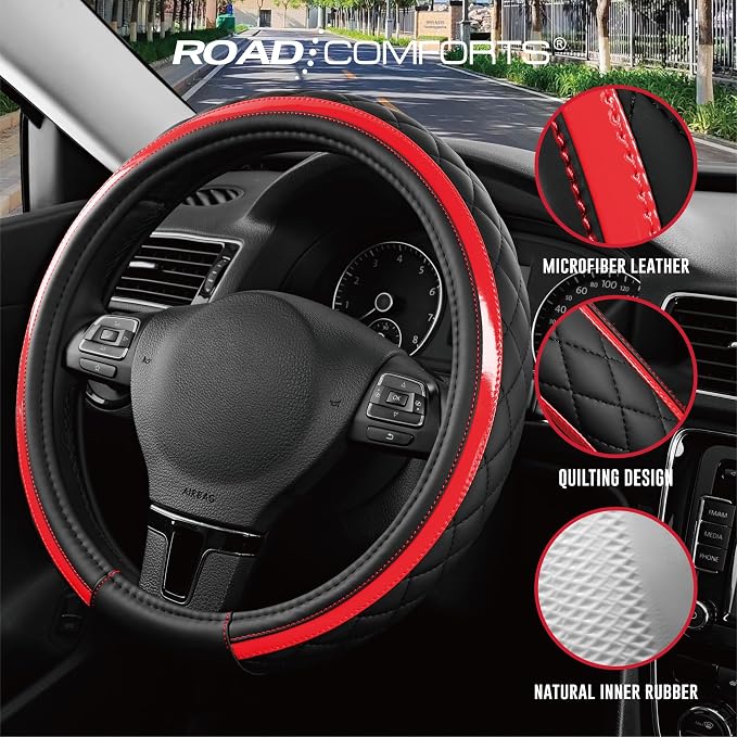 Leather Steering Wheel Cover – Black & Red Universal Fit 14.5-15 Inch, Microfiber Leather, Anti-Slip & Breathable Design for Men and Women