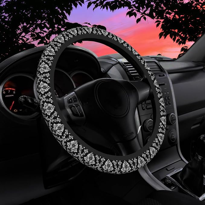 Black and White Damask Steering Wheel Cover for Women Men Neoprene Breathable Wheel Cover Protector Anti-Slip Car Accessories Universal 15 Inch Fit for Cars Trucks Vehicles