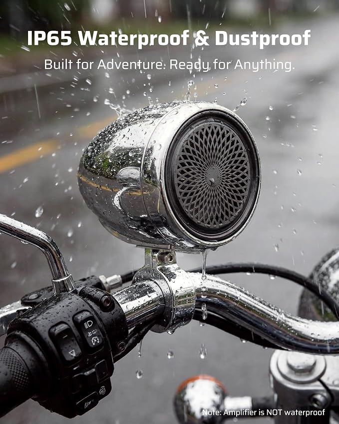 600W Motorcycle Speakers Bluetooth, 4'' Waterproof Stereo with Built-in Class-D Amplifier, Heavy Bass, USB, Wired Remote, 0.75-1.25" Universal Mount for Harley ATV UTV Golf Cart Marine - Silver