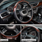 D Shaped Steering Wheel Cover, Luxury Wood Grain with Sporty Perforated Leather, Flat Bottom Steering Wheel Protector, Universal 14.5-15 Inch, Anti-Slip Comfort Grip, Black